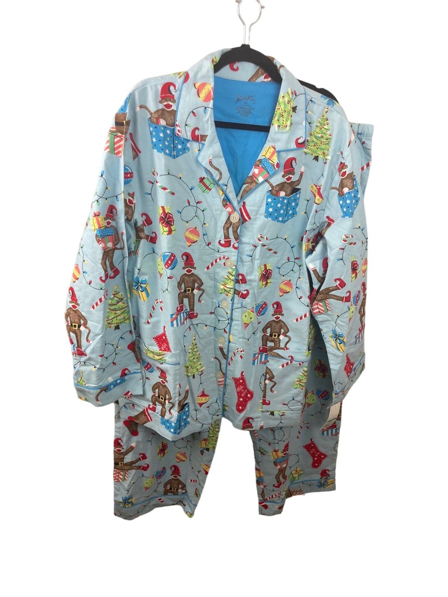 Nick Nora NEW 3XL Blue Sock Monkey Christmas Flannel Piece Pajamas Set