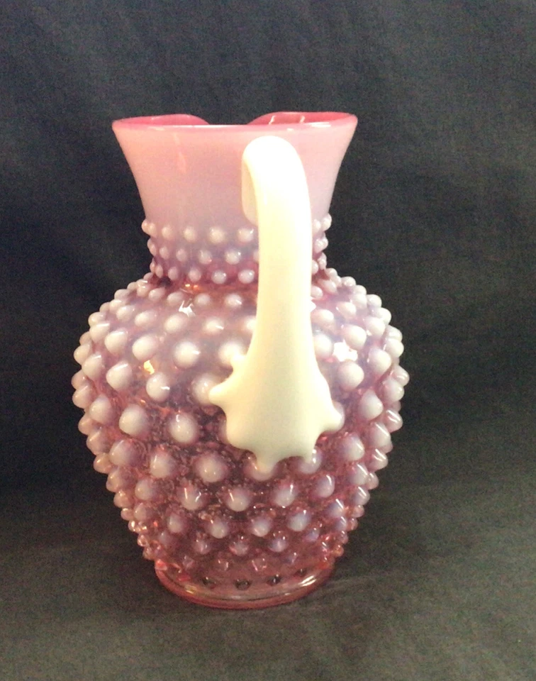 Rare Vintage Fenton Cranberry Hobnail Opalescent Hobnail Syrup Milk Glass Handle - Image 2 of 4