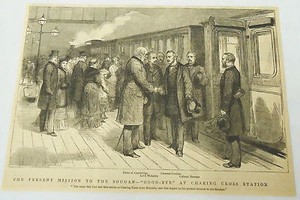 1884 magazine engraving~MISSION TO SUDAN Charing Cross Train Station~ Gen Gordon