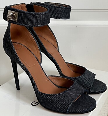 Givenchy Shark Lock Dark Blue Denim Open Toe Ankle Strap Sandals