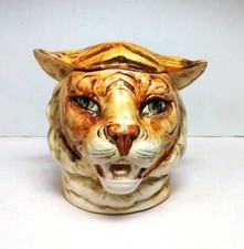 Antique Rare 1800s Austrian Majolica Ceramic Tiger Head Tobacco Jar/Humidor