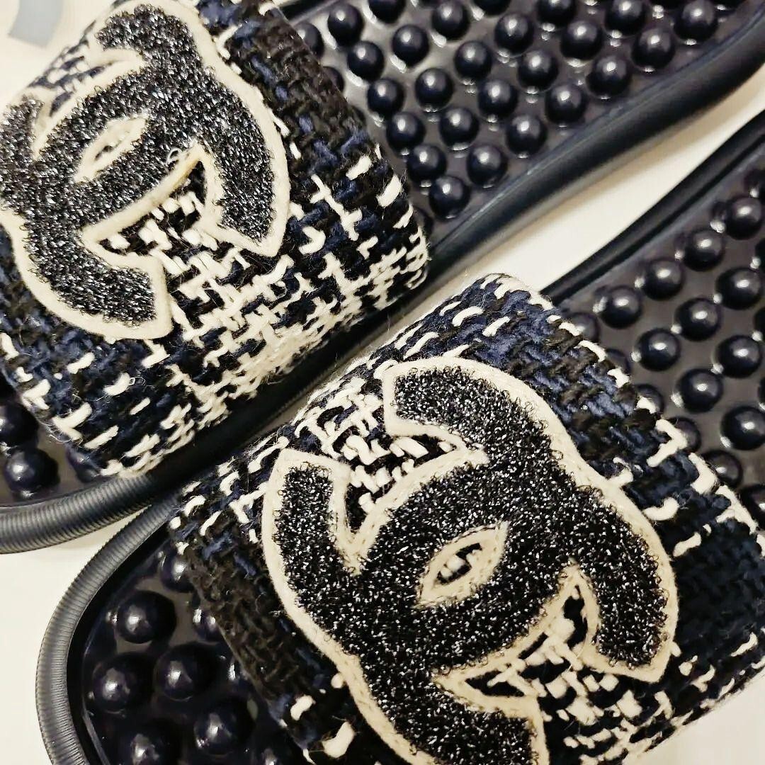 CHANEL COCO MARK Tweed Flat Sandals Mules Shoes Women EU 37 Black