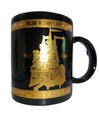 Vintage Las Vegas Excalibur Hotel Casino Ceramic Black Gold Coffee Mug Tea Cup