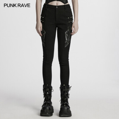 Punk rave women black gothic cyber punk studded patch leggings tight trousers