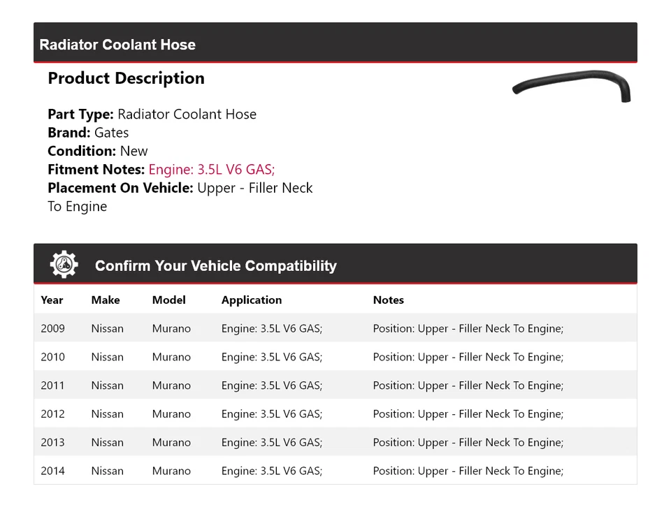 Puertas de manguera de refrigerante de radiador para Nissan Murano 2009-2014 2010 2011 2012 2013 Foto 2 de 4