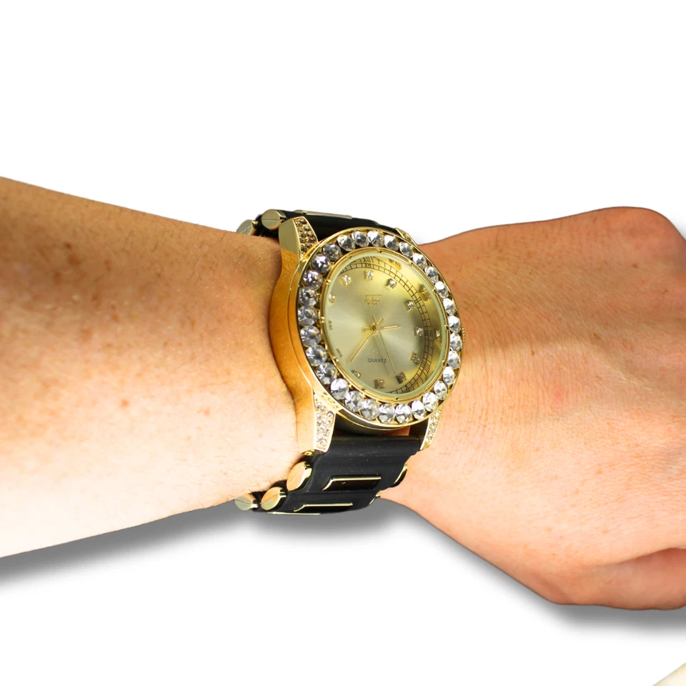 Reloj de hombre Big Face bisel helado 45 mm Hip Hop circonita cúbica chapada en oro banda de goma Foto 3 de 4