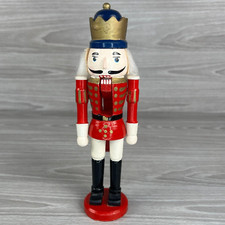 Vtg Wooden King Nutcracker Red Uniform Christmas Holiday Decor 8"H No Beard