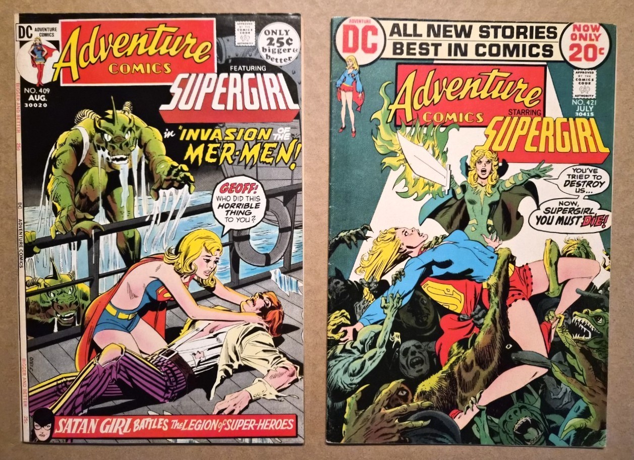 2-ISSUE LOT ADVENTURE COMICS #409, 421: SIDE-BOOB & HOTPANTS SUPERGIRL COSTUME