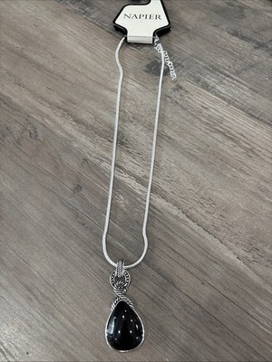 Napier Silver Tone With Black Tear DropPendant Necklace NWT