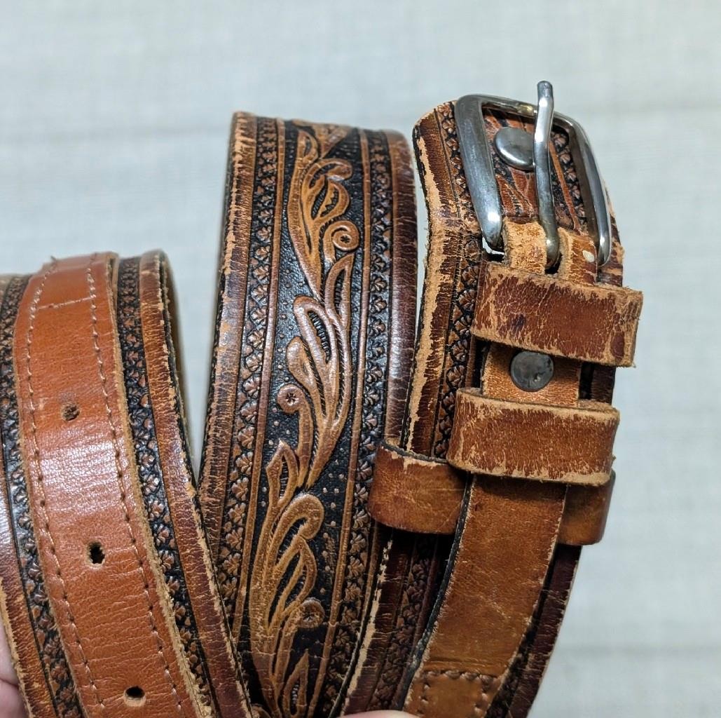 vintage TOOLED buckle belt WESTERN handcrafted 38 brown  display picture 1