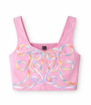 MOTHER The Juggler Corset Loopy De Loop Top Pink Rose Bloom Crop Smocked Back M