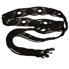 Vintage Brown Macrame Wooden Beaded Sash Belt Bohemian 70s Festival Hippie