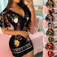 Women Sexy Flower Print V-Neck Short Sleeve Bodycon Party Club Midi Dress