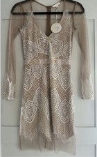 Luxxel Lace Mesh Mini Dress S Ivory Beige Sheer Long Sleeve Boho Bridal NWT