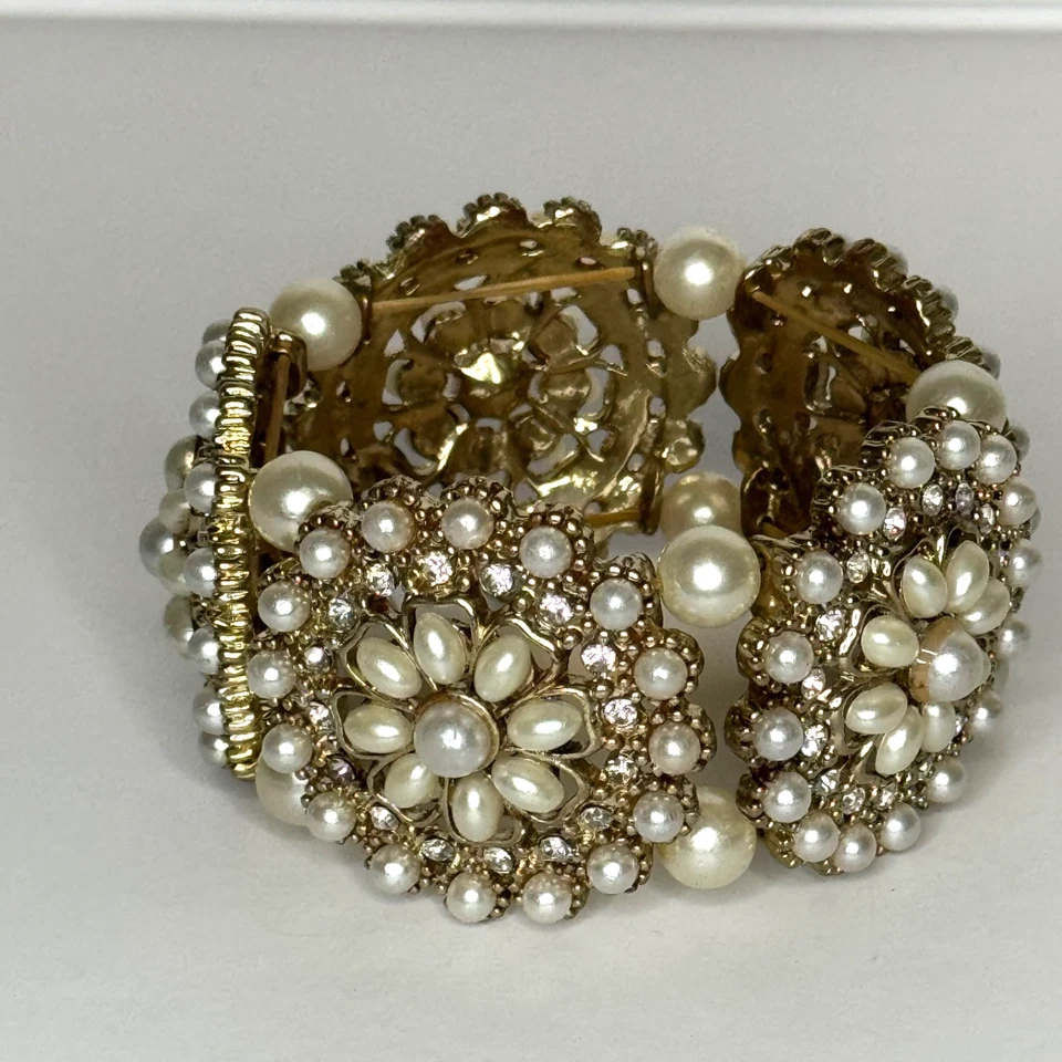 Hermosa Pulsera Elástica Imitación Perla Estrás Tono Dorado Boda Novia Foto 2 de 4