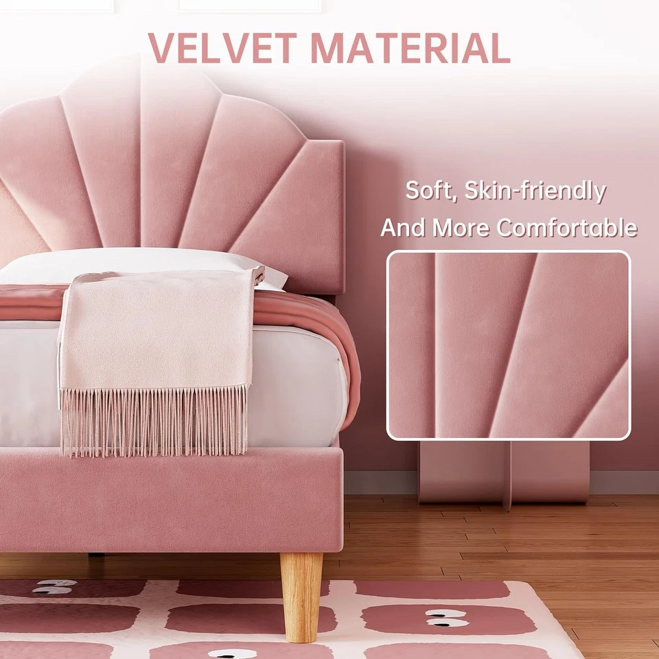 Marco de cama tapizado de terciopelo con plataforma rosa Twin XL para niños y niñas Foto 3 de 4