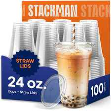  100 Sets - 24 Oz. Clear Plastic Cups with Straw Slot Lid, PET Crystal Clear Di