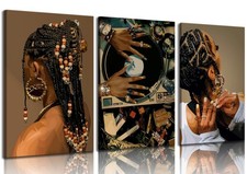 3Pcs Black Woman Canvas Wall art Boho Fashion Black Girl Painting Picture Wal...