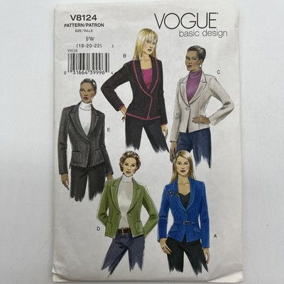 Vogue 8124 Semi Fitted Lined Jacket 5 Variations Size 18-22 Uncut
