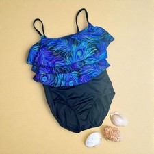 Robby Len Women's 16 One Piece Peacock Print Gold Ruffled One Piece Swimsuit