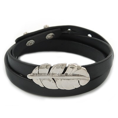 Schwarzes Leder Feder Wickelarmband (silberfarben) - verstellbar - Einheitsgröße
