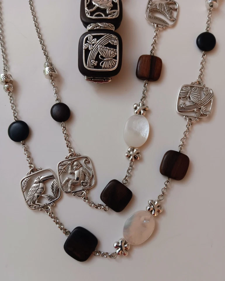 Conjunto de Joyería Brighton Collar, Pulsera, Pendientes Animal Safari Plata Madera MOP42" Foto 2 de 4