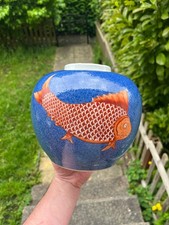 Chinese Antique Porcelain Jar Vase Qing Dynasty 19th Century Powder Blue Fish