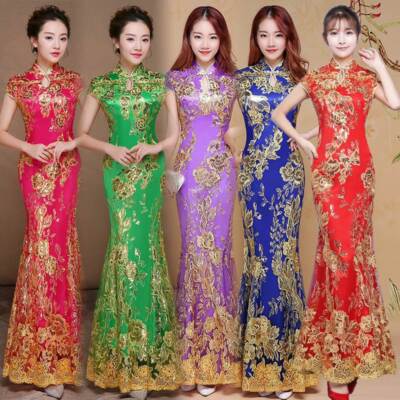 New Cheongsam QiPao Womens Chinese Ball Gown Fishtail Evening Long Wedding Dress