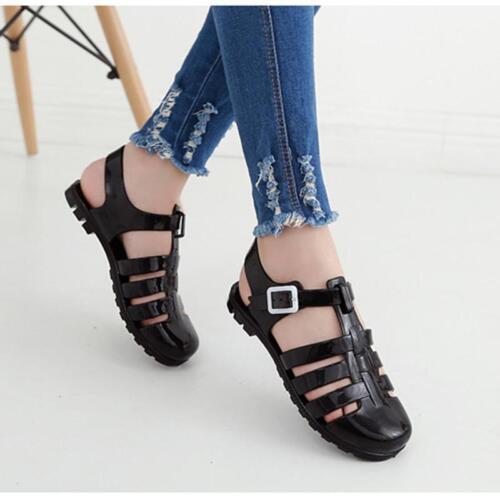 Womens Beach Jelly Sandals Cut Out Flats Closed Toe Shoes T-Strap Sandals New - Picture 3 of 10