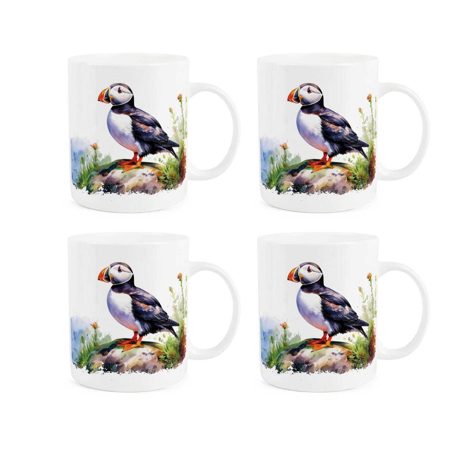 Puffins Mug - Coastal Sea Birds - Gift for Bird Lovers Bone China Cup Set of 4
