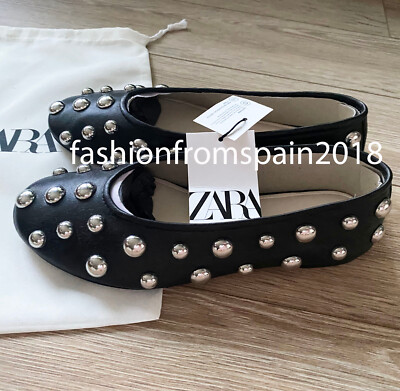 ZARA NEW WOMAN STUDDED LEATHER BALLET FLATS SHOES BLACK 35-42 1541/410 