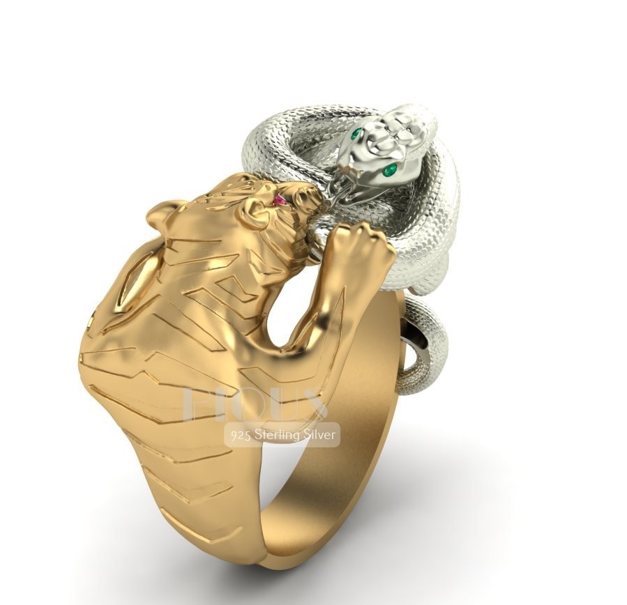 Unique Tiger Snake two tone Animal 925 Silver Men's Biker Rider Ring | eBay