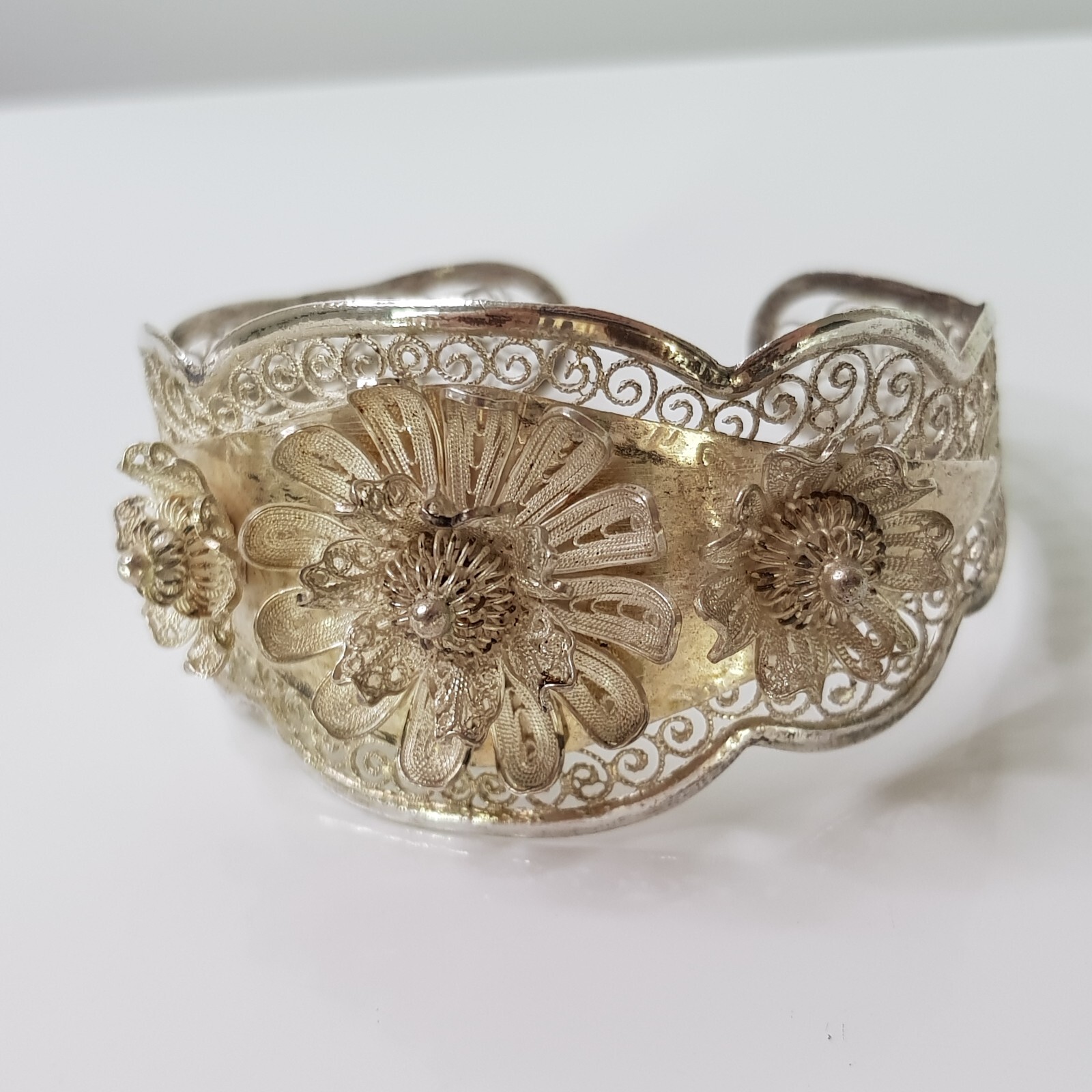 Vintage 900 Solid Silver Filigree Cuff Bangle Flo… - image 3