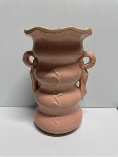Vintage 9” McCoy pottery pink ruffled edge Vine vase  Flower Vase