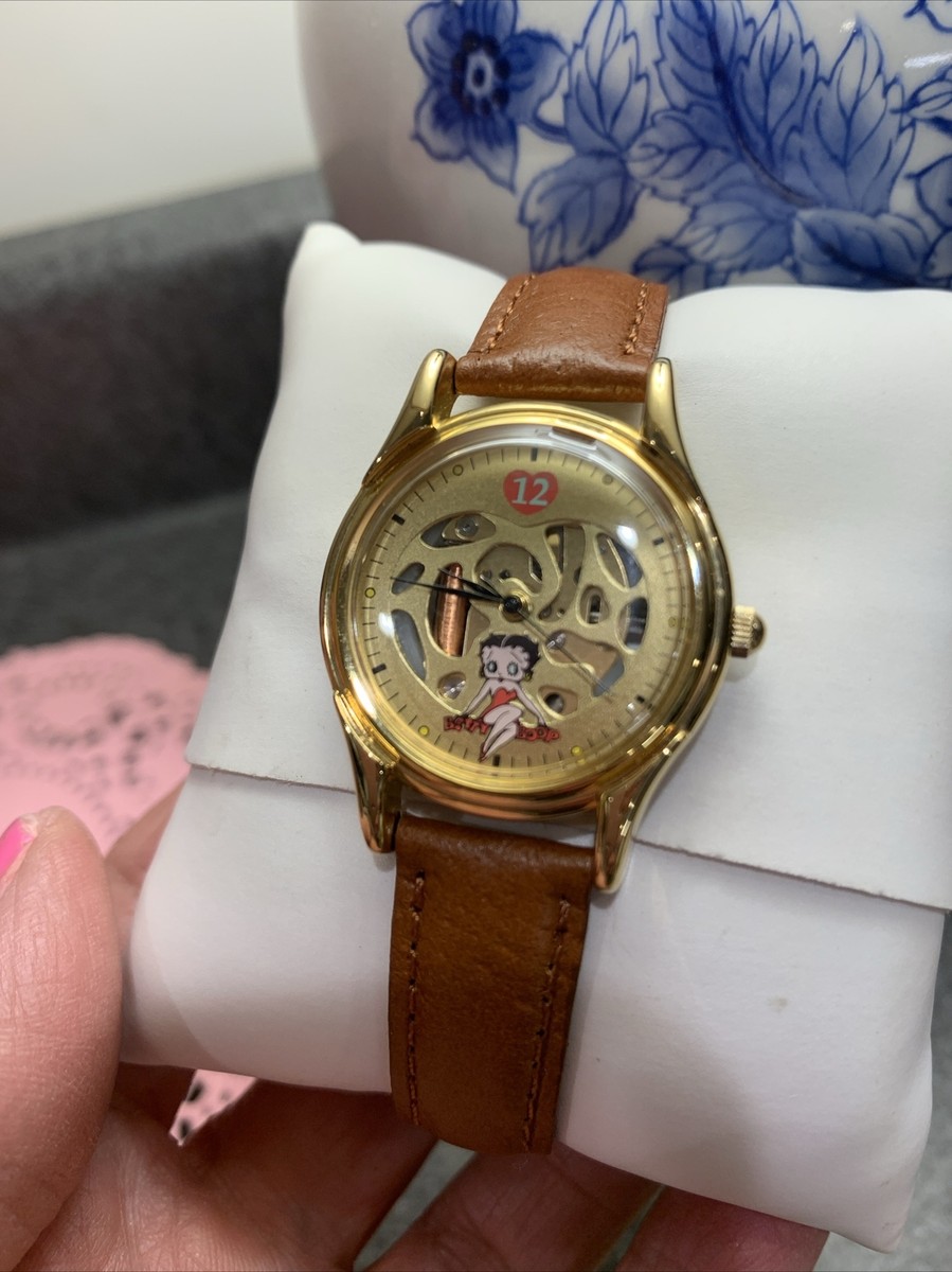 Betty Boop Watch Gold Tone Brown Leather Band 1995 New  display picture 3