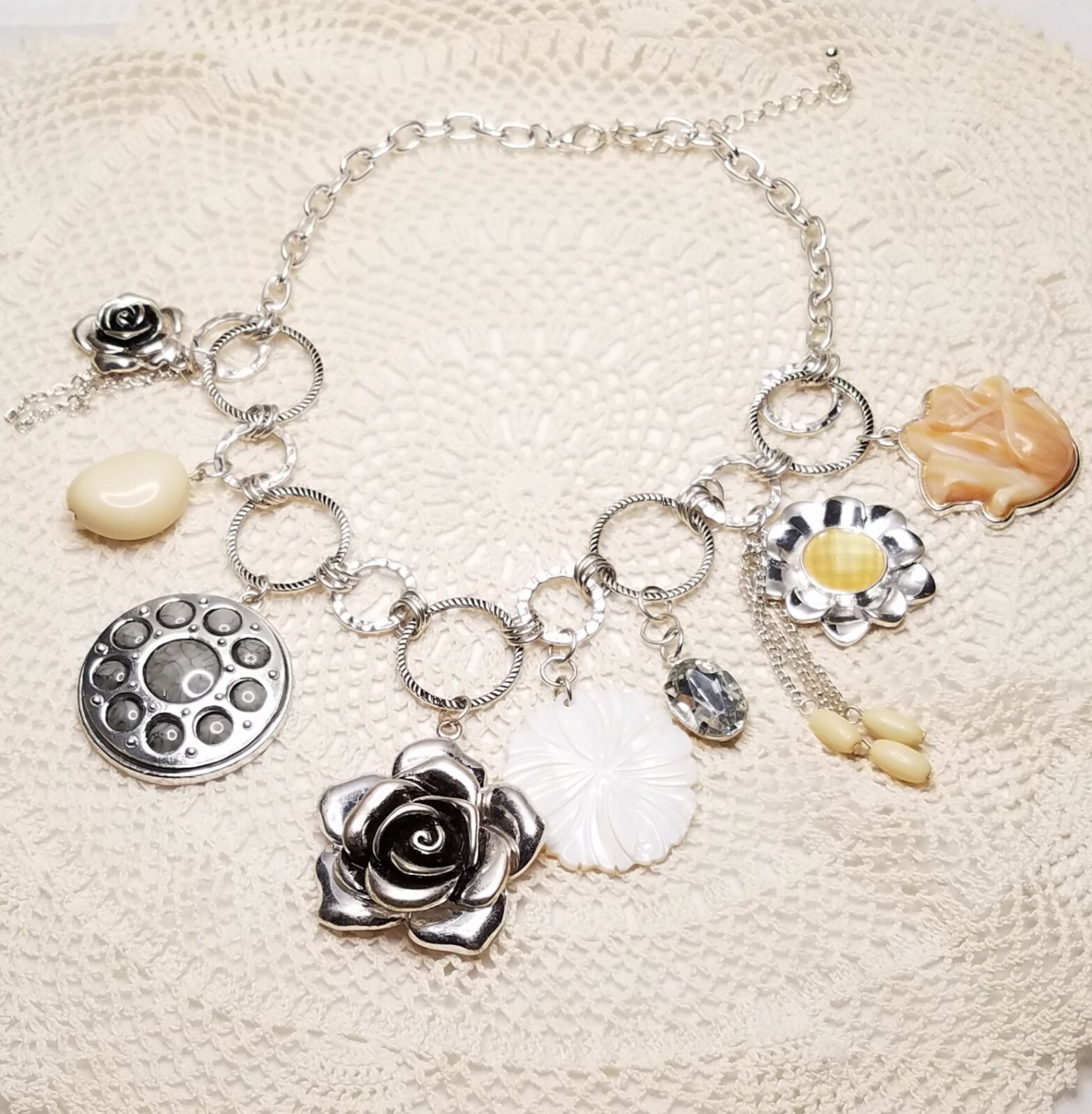 Bold Chunky Statement Flower Rose Shell Silver To… - image 5