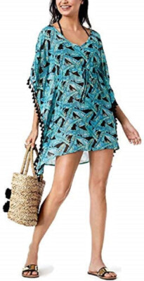 Miken Juniors' Leaf-Print V-Back Tassled Tunic Cover-Up (XS, Black/Mint)