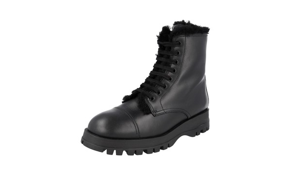Prada Brixxen Schaf Fell Leder Combat Boots Stiefelette Schwarz New - 36 36,5-image