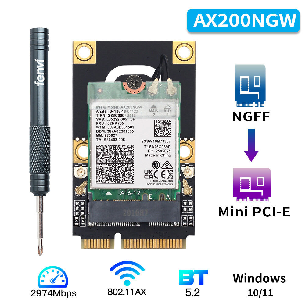 Adaptateur Mini PCI-E Vers M.2 NGFF Pour Carte WiFi Bluetooth - Compatible AX200, 9260, 8265, 8260 - Avec Antenne IPEX4