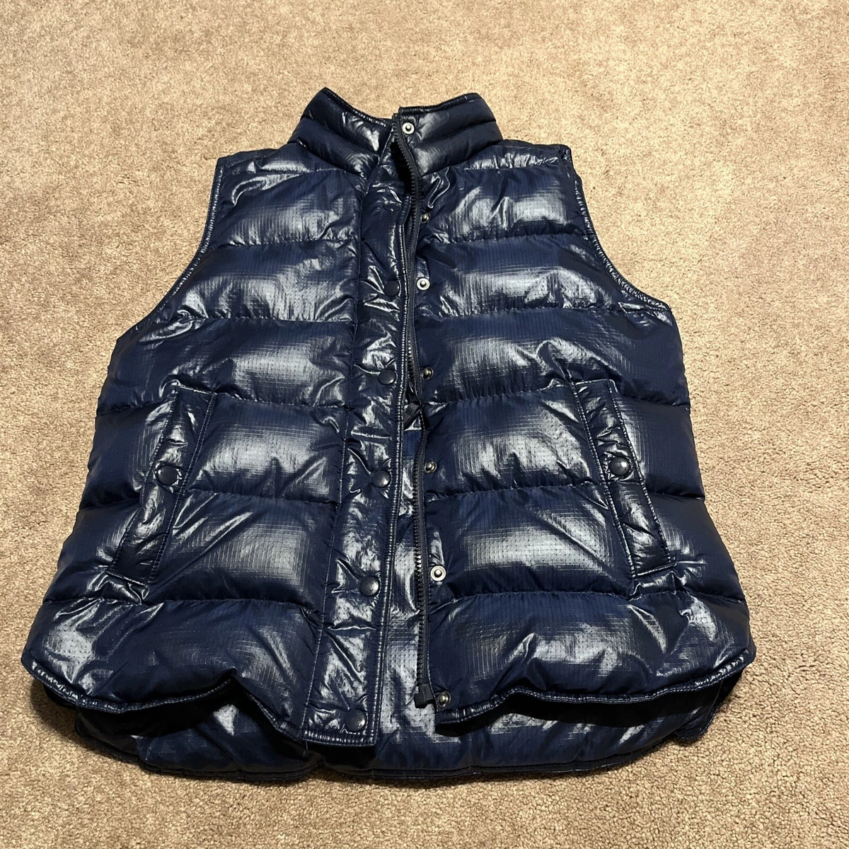 J Crew blue shiny puffer vest medium down Women Check Design | eBay