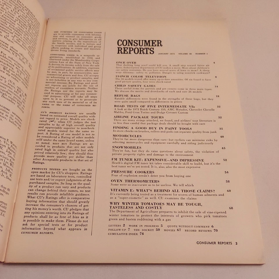 1973 January, Consumer Reports Magazine, Snowmobiles & Motorcycles (CP393) Foto 2 de 3
