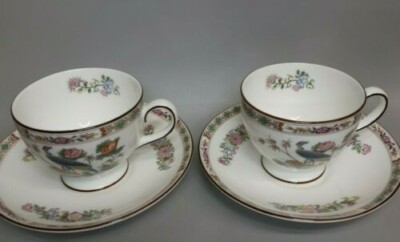 Vintage S/2 WEDGWOOD Kutani Crane Leigh Shape Footed Cup & Saucer