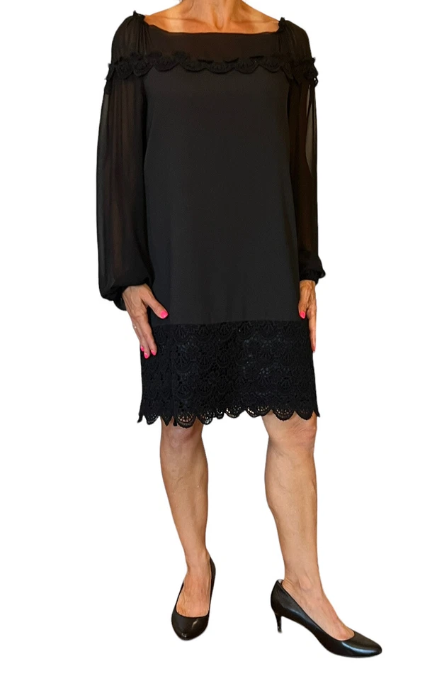 VESTIDO RECTO PHILOSOPHY DI ALBERTA FERRETTI NEGRO MANGA LARGA TRANSPARENTE CROCHET 6 Foto 2 de 4