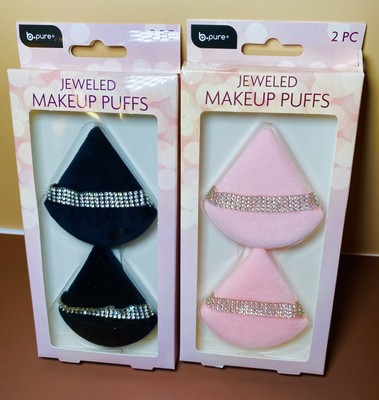 2pc Jeweled Makeup Puffs/ Sponges Wedge Shape with Rhinestone Ribbon Mask