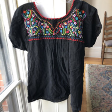 Hand Embroidered colorful Mexican Black Blouse - Small Bin-C