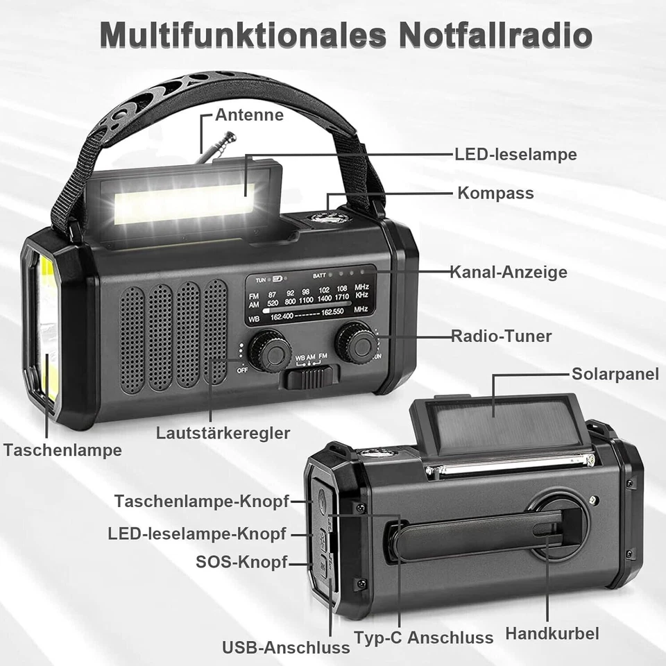 Kurbelradio 10000mAh Solar Radio Power Bank Camping Lampe Kompass Licht SOS - Bild 3 von 4