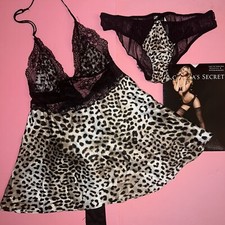 Victoria's Secret S slip BABYDOLL panty Nude Beige Black lace ANIMAL PRINT
