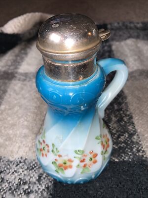 Vintage Milk Glass Syrup Dispenser Pitcher Hand Painted Floral Embossed  1800 s