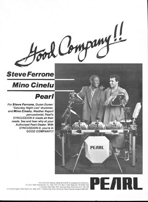 1986 Print Ad of Pearl Syncussion-X Electronic Drums w Steve Ferrone Mino Cinelu