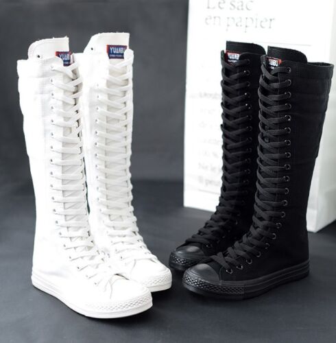 Women Girl Lace Up Zip Canvas Knee High Trainers Boots Dance Shoes new - Picture 1 of 14